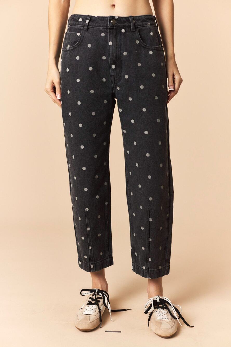 Polka Dot Printed Denim Barrel Jeans